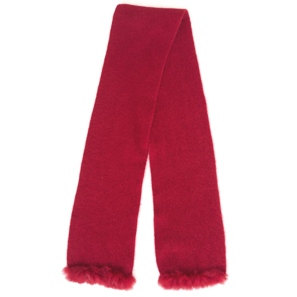 Crimson Angora Knit‎ Scarf with Fur-Trimmed Ends